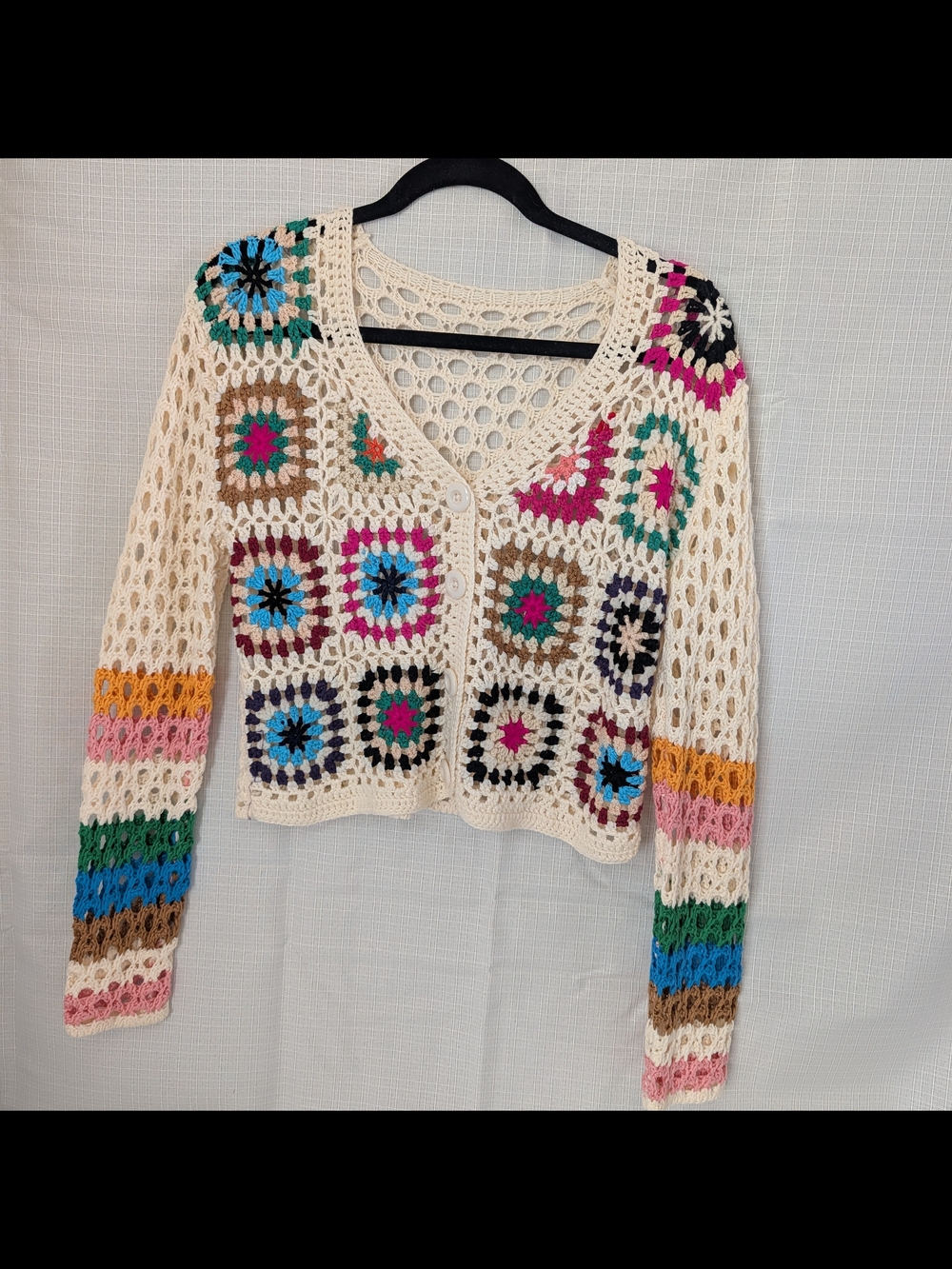 Women’s Granny Square sz M Y2K Cardigan Sweater V-Neck Button Front Multicolor